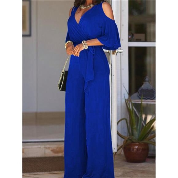 Clasi Cold Shoulder Belted Wide Leg Jumpsuit For Summer
